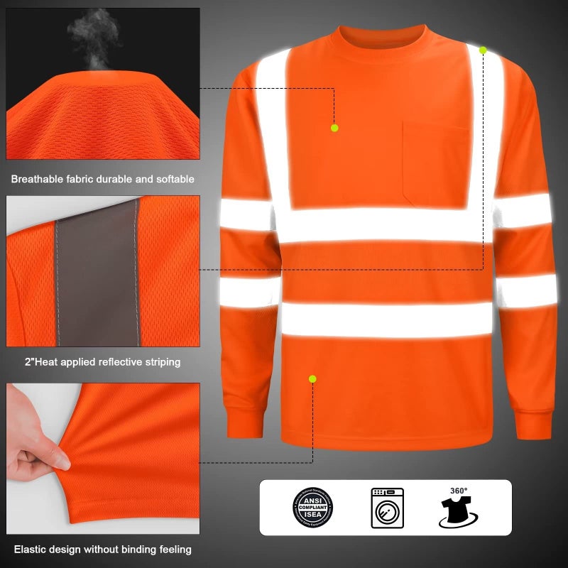 DPSAFETY High Visibility Class 3 T Shirts,Hi Vis Safety Shirts with Reflective Strips and Pocket, Long Sleeve Quick Dry Mesh Construction Work Shirt for Men/Women Orange,XL - Image 2